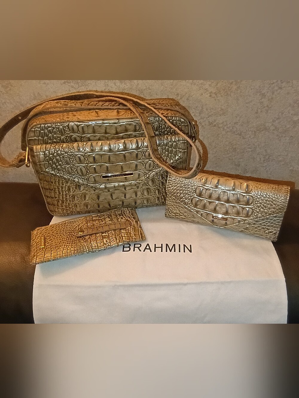 BRAHMIN Metallic Gold Crocodile Embossed Crossbody Bag & Matching Wallets Set-3